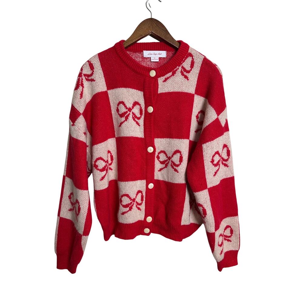 Lisa Says Gah Lauda Cardigan Sweater Cherry Bow Check size M/L Coquette